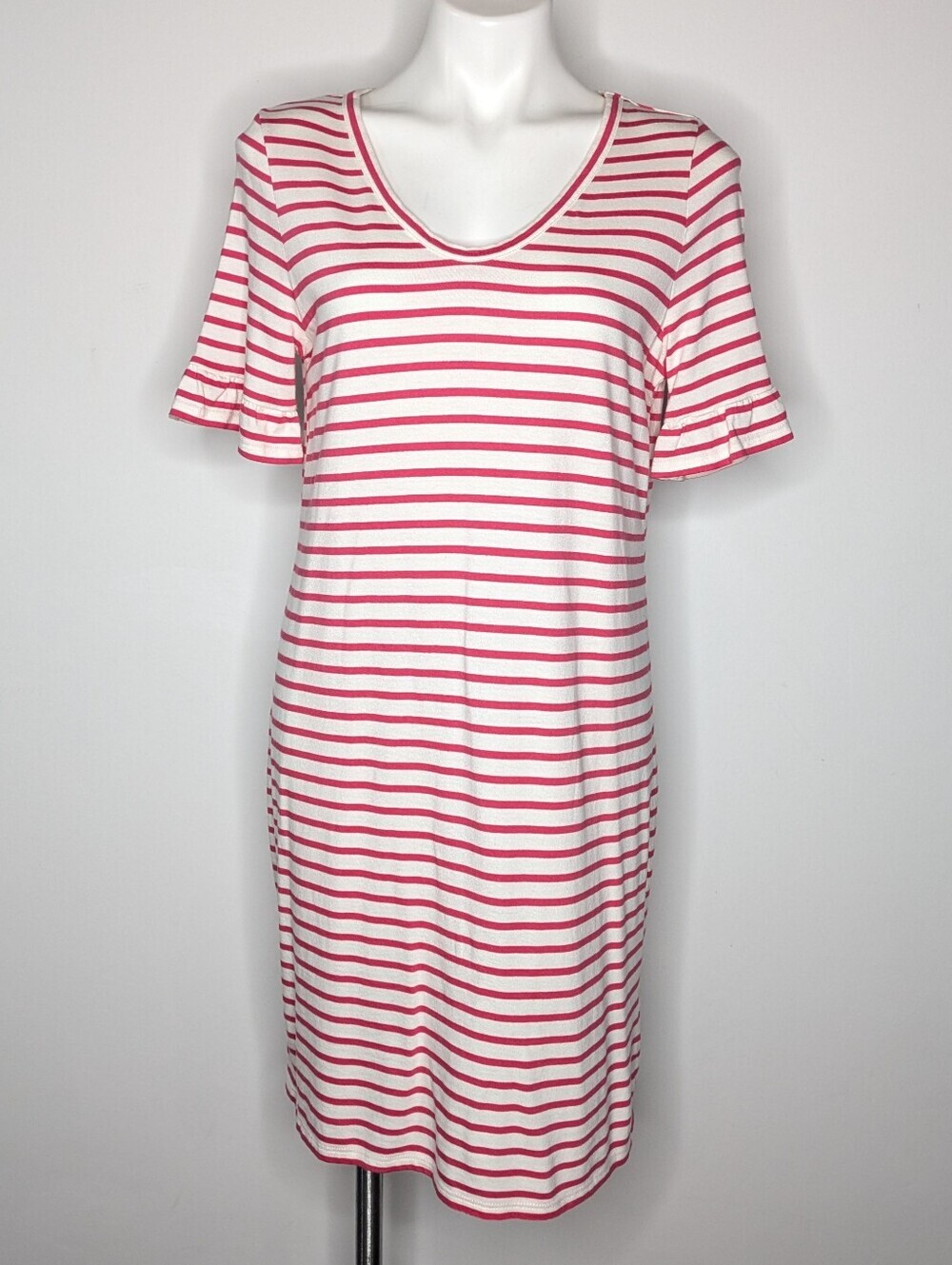 Boden Pink White Striped Short Sleeve Cotton Modal Blend Midi Dress 10